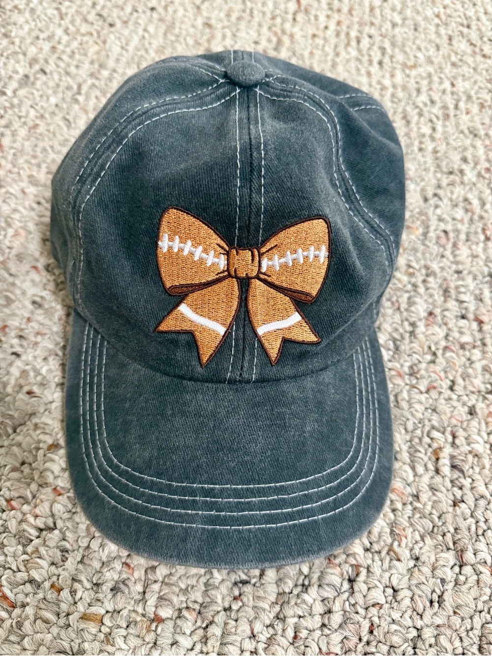 Kids Black Baseball Bow Cap with Football Bow Accent